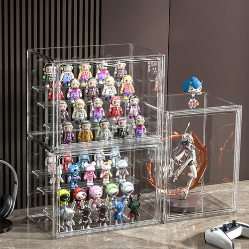 AAABOX Acryl Puppen Vitrine Transparente Stapelbar mit Tür,3 Stück 36x23x27cm Vitrinenschrank Schaukasten Selbstmontage mit Ständer Für Funko Pop Modellautos MiniFiguren Sammelfiguren