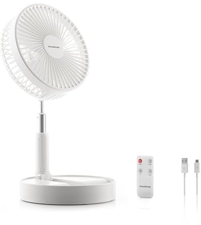 InnovaGoods® Ventilador de Pie Portátil, 7200mAh Recargable USB Ventilador Plegable con Mando, 4 Ajustes de Velocidad del Ventilador para Dormitorio, Oficina, Camping, Viajes. Color Blanco Ø7,7''