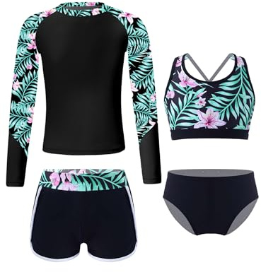 Fldy Mädchen Rash Guard Badeanzug 4er Set Langarm UV Shirt Oberteil Tankini Hose Und Schwimmslip Kinder Schwimmbekleidung Strandmode Schwarz 170-176