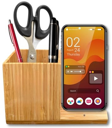 PEGSEN Schreibtisch Organizer aus Holz mit Ladefunktion - Personalisierbar - Handyhalterung für den Tisch - Stifte Organizer mit induktive Ladestation - Bambus Organizer