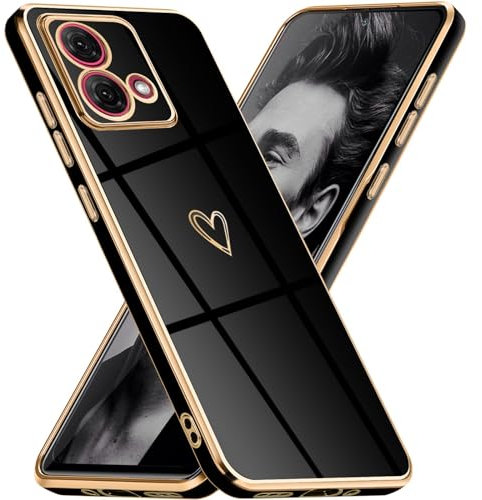 Mkej Glitzernde Handyhülle Für Motorola Moto G84 5G Hülle mit Kameraobjektivschutz, Herz Love Design Galvanik Stoßfeste Dünne TPU Silikon Schutzhülle für Motorola Moto G84 5G, Schwarz Gold