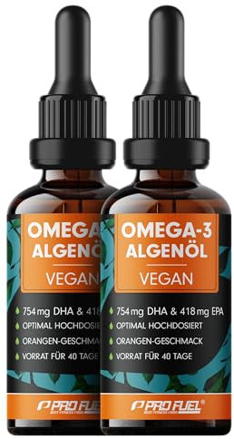 Omega-3 Algenöl 200 ml - hochdosiert mit 3665 mg Algenöl, davon 1203 mg DHA & 667 mg EPA - veganes Omega-3 Öl + Ahiflower® Öl mit angenehmem Orangen-Geschmack - laborgeprüft mit Zertifikat - 2x100 ml