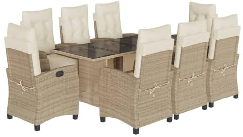 vidaXL 9-TLG. Garten-Essgruppe mit Kissen Beige Poly Rattan
