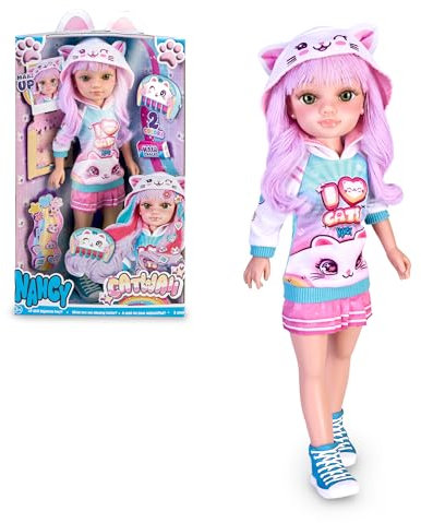 Nancy Catwaii, Muñeca para Peinar y Maquillar al Estilo Felino Kawaii Japonés, Outfit y Accesorios Inspirados en Gatitos, Peine para Mechas, Pegatinas y Tatuajes, +3 años, Famosa (NAC75000)