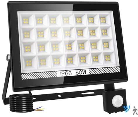 NATPOW 60W Security Light Outdoor Motion Sensor, LED Flood Lights with Smart PIR Sensor 60W 6000LM, IP66 Waterproof PIR Lights, 6000K Daylight White Wall Light for Garden, Parking Lot, Yard, Streets