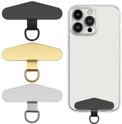 AYWFEY 3 Pcs Universal Phone Tether Tab, Metal Cell Phone Tether Patch, Phone Lanyard Patch Replacement, for Most Cell Phones (Black, Silver, Gold)