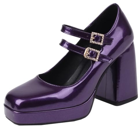 HSyc JRX Lack Mary Jane Blockabsatz Pumps mit Plateau und Schnalle High Heels Damen Schuhe 42.5