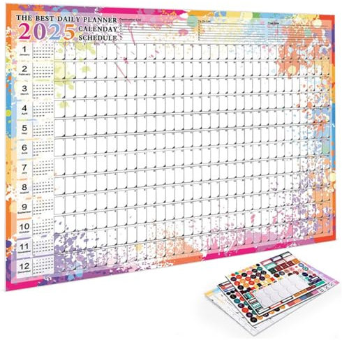 PYRUVAE XXL Wandkalender 2025 (52x74cm) - Jahresplaner 2025 quer als Kalender für die Wand - Jahreskalender für 12 Monate mit Ferienübersicht - Kalender gefalzt für das Büro (Bunter 2)