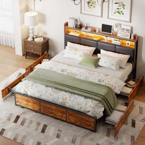 Lazyspace Polsterbett 180 x 200 cm Doppelbett Bettrahmen mit Doppelte Stauraum LED Kopfteil und 4 Schubladen mit Laufrollen, Gepolstertes Bett mit Lattenrost, Einzelbett Erwachsenenbett Jugendbett