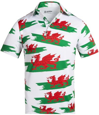 Royal & Awesome Y Ddraig Goch Men's Golf Polo Shirts, Welsh Flag Golf Tops, Men's Shirts, Polo Shirts for Men, Crazy and Funny Design, Large