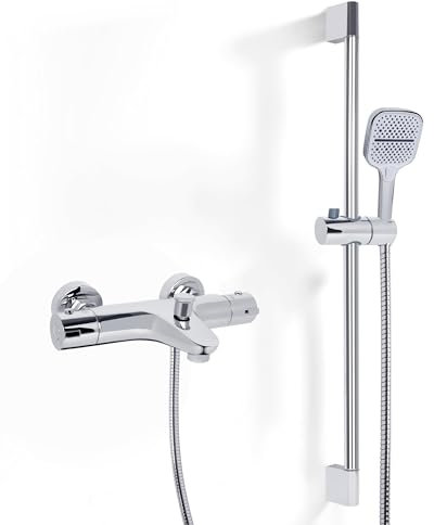 Ronvie Thermostatic Bath Shower Mixer Tap Set Wall Mounted with Adjustable Shower Riser Rail (70 cm), 150 cm Hose and 3-Spray Handheld Shower, Water-Saving, Chrome Finish Kit for Bathroom