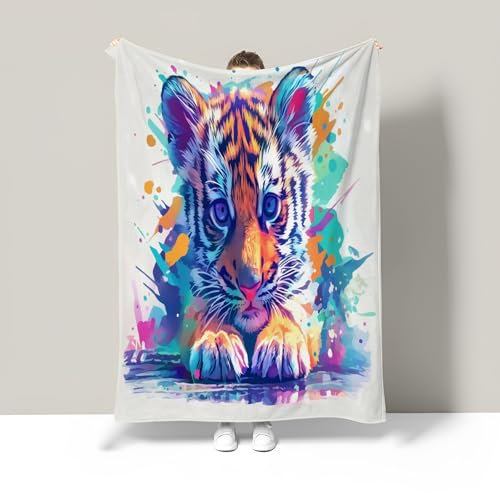 Kuscheldecke flauschig Fleecedecke 100x 150cm - weiche Wohndecke tierischer bunter Tiger Decke Couch als Wohn- Kuscheldecke - Flauschdecke - Wohndecke Kuscheldecke