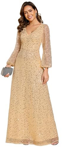 Ever-Pretty Women's Sequin A-Line V Neck Long Sheer Sleeves Tulle Evening Prom Dresses Gold 12UK