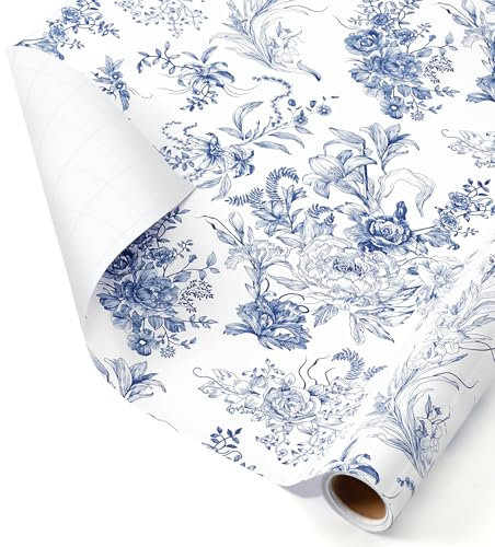 WERNNSAI Floral Wrapping Paper Roll - 1 Roll 17” x 33 ft Blue Flower Wrapping Paper Vintage Floral Gift Wrap with Cut Lines for Women Girls Birthday Gift Decor Wedding Bridal Shower Mothers Day