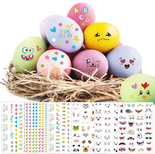 BOOMTOP 6 Bögen Ostern Eier Sticker Tattoos Eierfarben Ostern Deko Aufkleber Ostereier Färben Lustige Tiergesichter Bunt Augen Mund Sticker Frohe Ostern Basteln Buchstaben Aufkleber Osterdekoration