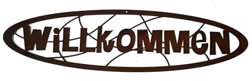 Der-Porzellan-Laden Herzlich Willkommen Schild, Metall-Schild im Edelrost-Look, Gartendekoration & Eingangsschild, 60 x 15 cm rostig-braun wetterfest, Kalligraphiedesign