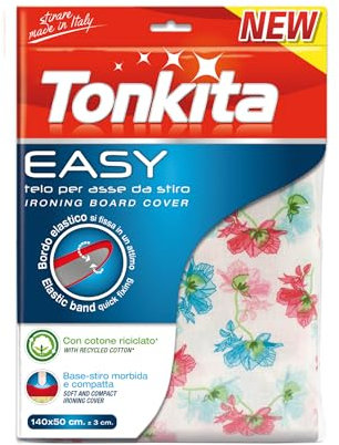 Tonkita | Easy Telo per ASSE da Stiro 140x50 cm, Copri ASSE in Cotone Riciclato e Spugna, con Bordo Elastico, per Assi da Stiro Fino a 132x42 cm, Morbido e Pratico - Made in Italy
