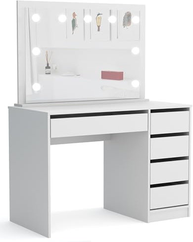 Gregory Bis - Schminktisch mit Beleuchtung, Schminktisch mit Spiegel und Schubladen, Frisiertisch 110 cm Breit, Vanity Table, Kosmetiktisch Weiß