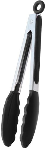 Pinzas de cocina, Pinzas de barbacoa, Pinza para cocinar, Material de acero inoxidable con silicona, Apta para alimentos, Pinza Ensalada, Libre de BPA, Mango Anti-Deslizante, Negro, Longitud 34 cm