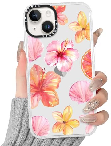 Yoedge Transparent Handyhülle für iPhone 14/iPhone 13 Hülle, Aesthetic Hibiskus Blumen Sommer Muster Muschel Design Mädchen Geschenk Schutzhülle,Silikon Case Cover für iPhone13 6,1,Rosa Flower