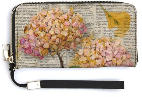 Jubonexis Herbst-Hortensien auf Vintage-Zeitung, PU-Leder, Clutch, lange Faltbörse, Münzgeldbörse, Kreditkartenetui, langlebiger Kartenhalter, Geldaufbewahrung für Damen und Herren