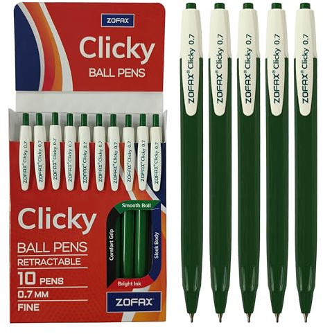 ZOFAX Clicky Retractable Ballpoint Pens, GREEN, Fine Point (0.7mm), Pack of 10, Smooth Ball Pens, Comfort Grip, Multi Pack, Perfect for School Office Home Business Hospital Everyday Use