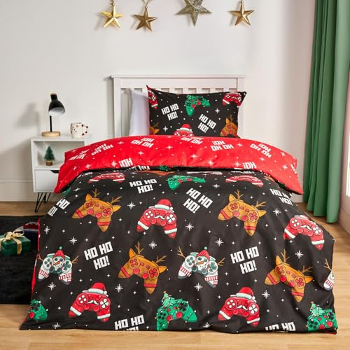 OHS Christmas Bedding Double, Super Soft Warm Microfibre Gaming Christmas Double Duvet Set Luxurious Comfy Cosy Reversible Kids Bedding with Pillowcases, Black/Red