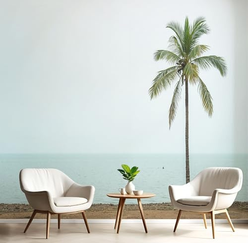 Tapete Kinderzimmer Meer Einsamkeit Palmen Fototapete Wohnzimmer, Modern Neblig Ozean Vliestapete Küche, Wand Deko Tapeten, 200×140cm(W×H) Wandverkleidung Hellblau XL Wandtapete Schlafzimmer