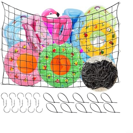Kivivaka Swimming Pool Toy Storage Net, 180x105cm Elastic Mesh Bag for Floating Toys, Inflatable Rafts & Rings, Outdoor Fence Hanging Organizer with Hooks