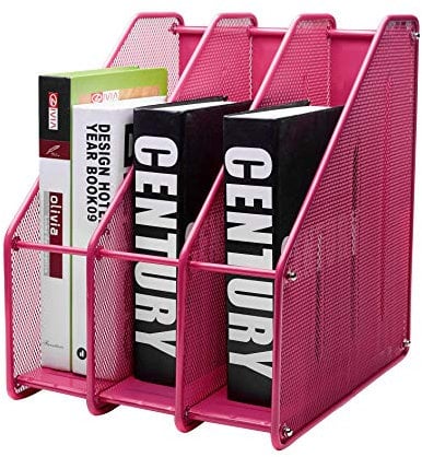 EXERZ Zeitschriftensammler/Gitter Metall Dreifach Schreibtisch Ordner Halter - 3 Unterteilungen Dokumente A4 / Aufbewahrung Ordner/Schnellhefter/Organisator/Stehsammler Buchstütze (Rosa)