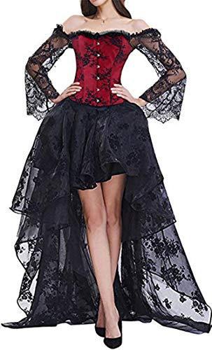 EUDOLAH Women's Gothic Steampunk Steel Boned Corset Dress Skirt Set Costume (UK 12-14 (XL), Black Red)