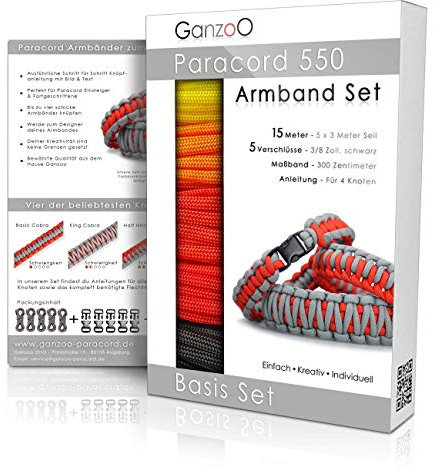 Ganzoo Paracord 550 Armband Set selbst knüpfen, Bastelset, Knüpfset, DIY Bracelet mit Klickverschlüssen und Anleitung, Lanyard, Armband selber Machen aus Parachute Cord, Farbe: Fire