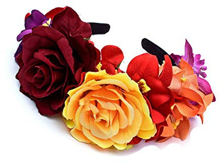 Merroyal Halloween Flower Crown Headband Party Costume Dia de Los Muertos Day of The Dead Headpiece (Yellow Red Orange Purple)