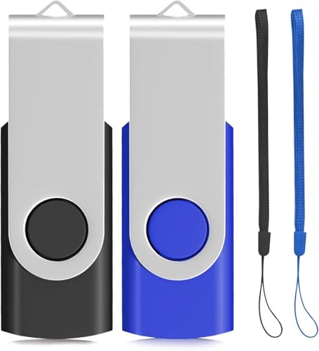 128GB USB Memory Stick 2 PACK USB 2.0 Flash Drive Pen Drive Swivel Design Photo USB Sticks Fold Storage (Blue Black With Lanyard)