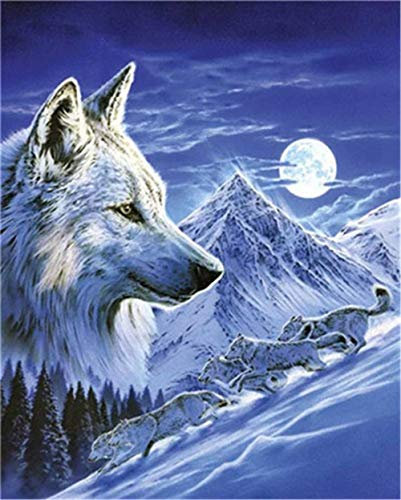 YEESAM ART DIY Ölgemälde Malen nach Zahlen Erwachsene Kinder, Schnee Wölfe Schnee Berg Mondnacht Zahlenmalerei ab 5 Öl Wandkunst