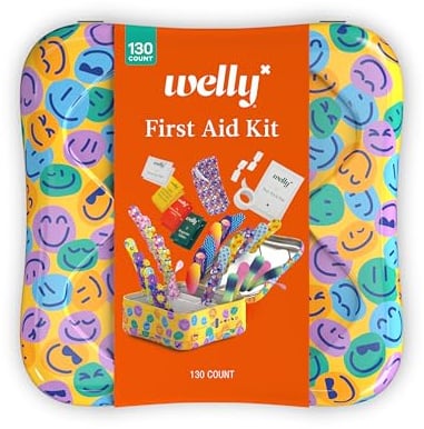 Welly First Aid Kit | FSA Eligible | Adhesive Flexible Fabric and Waterproof Bandages, Tape and Non-Stick Pads, Butterfly Strips, Triple Antibiotic and Hydrocortisone Ointments, Ibuprofen - 130 Count