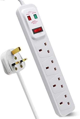 EXTRASTAR Universal Extension Lead, 4 Way Outlets Surge Protection Power Strips with Switch, Wall Mounted 13A/MAX.3120W Fused UK Power Socket (2M, White)