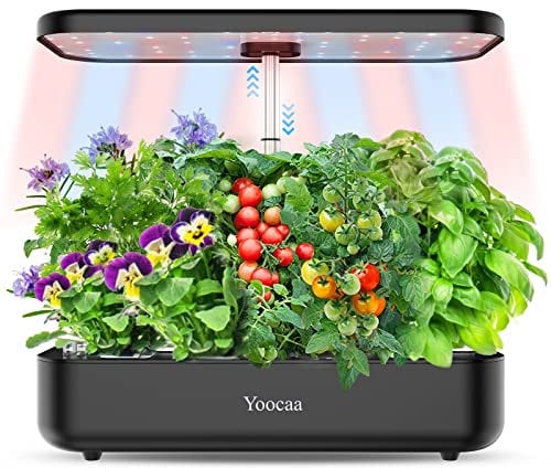Yoocaa 12-Pod Hydroponics Growing System with LED Grow Light & Automatic Timer, Adjustable Indoor Herb Garden Kit for Home Kitchen (19.4'' Max Height), Black