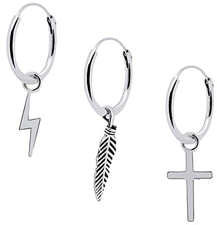 ENTREPLATA Ohrringe aus 925er Sterlingsilber Trio Unisex Creolen Set Aros aus Silber Mit Drei Anhängern in Form Von Blitz Kreuz Und Feder