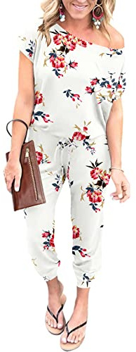 YUNDAI Womens Jumpsuits One Piece Casual Off Shoulder Playsuit Short Sleeve Overalls Elastic Waist Stretchy Romper with Pockets Large,Floral White