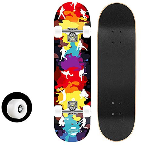 Skateboard Bunte Graffiti Skateboard Kinder ab 8 Jahre 80x20cm 7-Lagigem Ahornholz Longboard Double Kick Komplett für Anfänger Jungen Mädchen Erwachsene Profi Penny Board