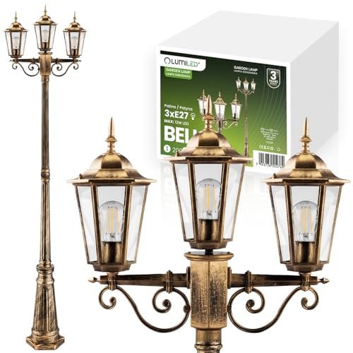 Lumiled Wegeleuchte Kandelaber 3-armige Vintage Außenleuchte Außenstehleuchte 230V 2.1m Laterna Standlampe Aluminium Braun Gold Glas 3x E27 Wasserdicht Ideal für Outdoor Garten Retro Gartenlampe