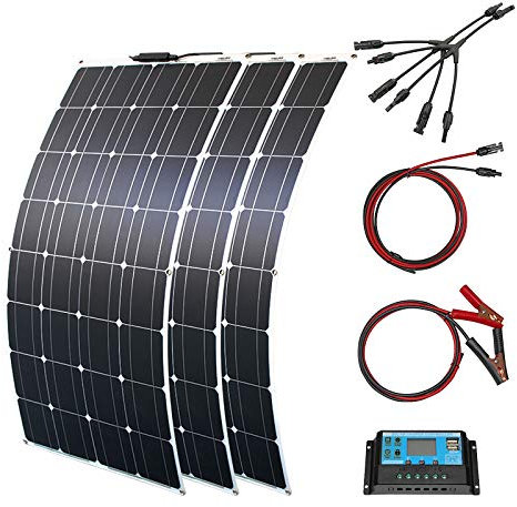 300W Flexible Solar Panel, carga Solar Monocristalina con controlador de 30A, salida USB para cargar baterías de 12v 24v (gel AGM ventilado) - para caravana, autocaravana, barco, techo