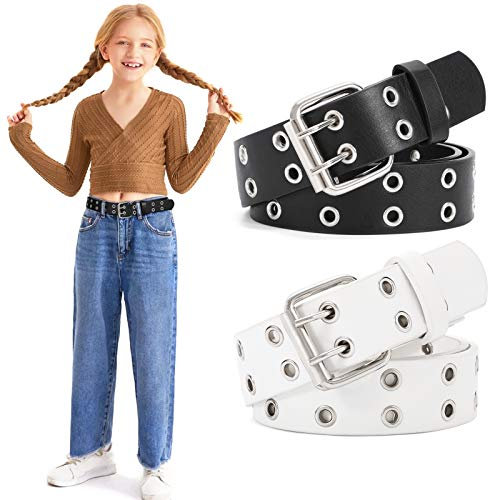 WERFORU 2 Stück Mädchen Gürtel Kinder PU Leder Punk Rock Gürtel für Hosen Jeans Schwarz/Weiß
