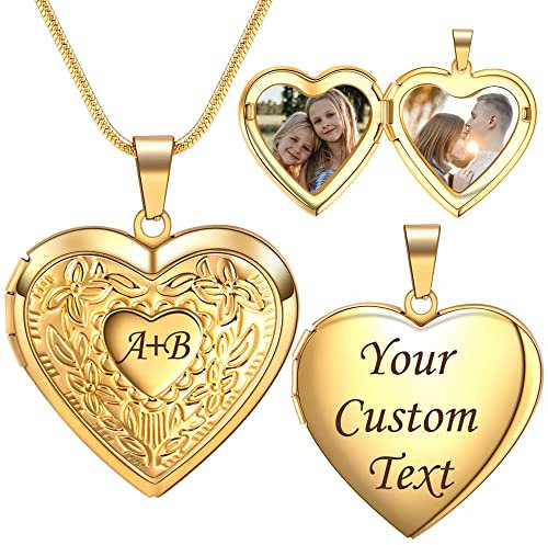 Farfume Personalisierte Foto-Medaillon-Halskette – Herz Medaillon mit Gravur Text und 2 Zwei Fotos – Kette mit Bild (Floral-Golden)