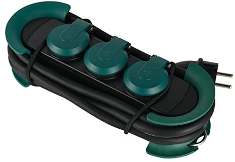 Electraline 62573 Professionelle Steckdosenleiste für den Außenbereich, 3 Schukosteckdosen mit IP44-Stecker, hängend mit 2 Haken, 3 M Gummikabel H07RN-F 3G1.5, Schwarz/Grün