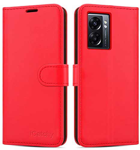 iCatchy for Oppo A77 5G Case Leather Wallet Book Flip Folio Stand View Cover with Card Slots and Kickstand for Oppo A77 5G Phone (Red)