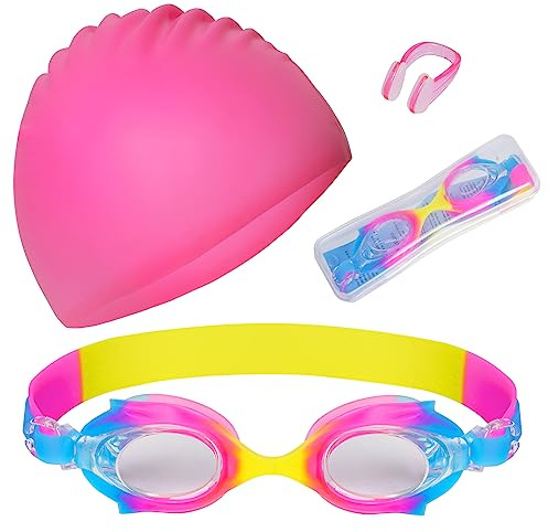 3 Pieces Kids Swim Cap for Boys Girls Silicone Swimming Cap for Short Hair with Swimming Goggles and Nose Clip Pink Unisex Waterproof Bathing Caps for Age 3-15 Children Boys Girls(Pink)
