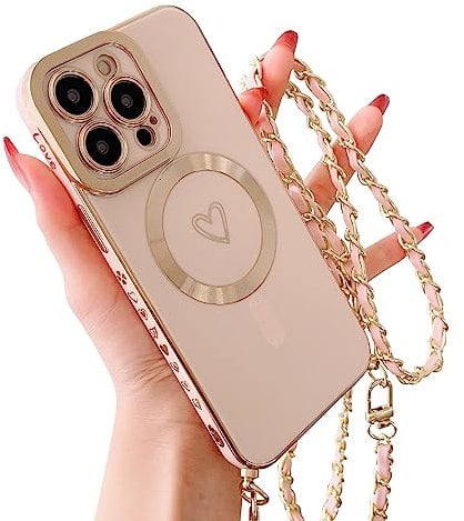 ECZOIL Crossbody Case for iPhone 14 Pro Case with Chain,Compatible with MagSafe,Full Camera Lens Protection Cute Heart Slim Soft TPU Case for iPhone 14 Pro for Girls Women-Pink