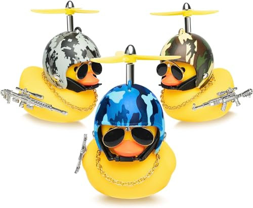 EGuangwiua 3 Stück Camouflage Gummi Ente Spielzeug Auto Ornamente Helm Gelbe Ente Auto Armaturenbrett Dekoration Set, Camouflage Serie Trim Anzug Cool Ducks Mit Propeller Brille Goldkette für Kinder